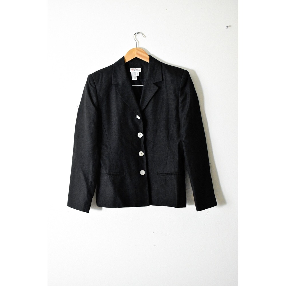Talbots Blazer Women 10 Black 90s Italian Linen Blend Button Front Jacket